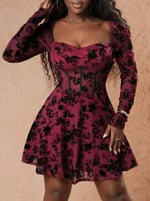 Slaydiva Sexy & Elegant V-Neck, Mesh & Flocked Trim, Long Sleeve A-Line Mini Dress, Red - For Valentine's Day - Black - View 3