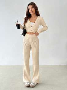 SHEIN PETITE Khaki Ribbed Knit Cardigan & Knit Pants - Apricot - View 3