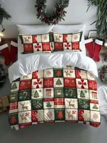 2/3 pièces Ensemble de literie de Noël, couette en microfibre douce à imprimé numérique avec motifs du père Noël, traîneau, bonhomme de neige, cloches, rennes, pins et sapin de Noël. Convient pour la chambre, la chambre d'amis, la salle de jeux, l'hôtel, le dortoir