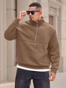 Manfinity Homme Plus Size Men's Solid Color Front Zip Up Relaxed Fit Sweatshirt, Casual - Khaki - View 5