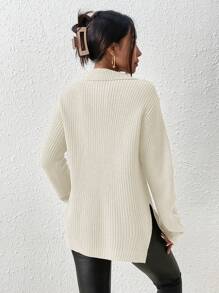 SHEIN Frenchy Half Zip Drop Shoulder Grain Black Sweater - Beige - View 2