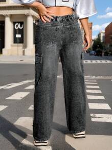 SHEIN Explorewe Quần jeans ống rộng có dây rút, cạp chun điều chỉnh, phong cách đường phố cổ điển, thoải mái, dành cho bé gái tuổi teen - màu đen - Xem 2