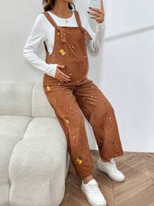SHEIN 孕妇灯芯绒刺绣长款直腿连体裤 - 彩色 - 查看 6