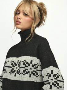 MISSGUIDED Jersey de cuello alto con patrón navideño de estilo nórdico en punto grueso, cálido y acogedor para el otoño y las fiestas