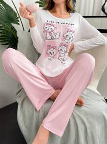 2pcs/Set Cute Cat Print Pink & White Pajama Set, Fall Clothes - Multicolor - View 1