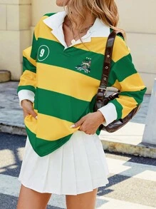 INAWLY 女式宽松黄绿条纹 Polo 领半拉链长袖 T 恤，复古学院风休闲风格图案 T 恤女式春季上衣 - 彩色 - 查看 3