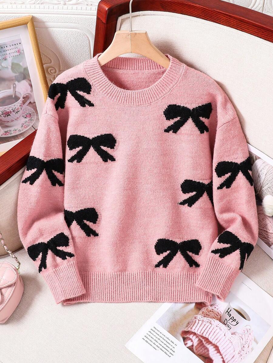 Tween Girl Bowknot Sweater, Adorable Black Bow Knitted Pullover, Loose Fitting Round Neck Jumper - Pink - View 1