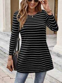 EMERY ROSE Women Autumn Casual Striped Long Sleeve T-Shirt - Black - View 5