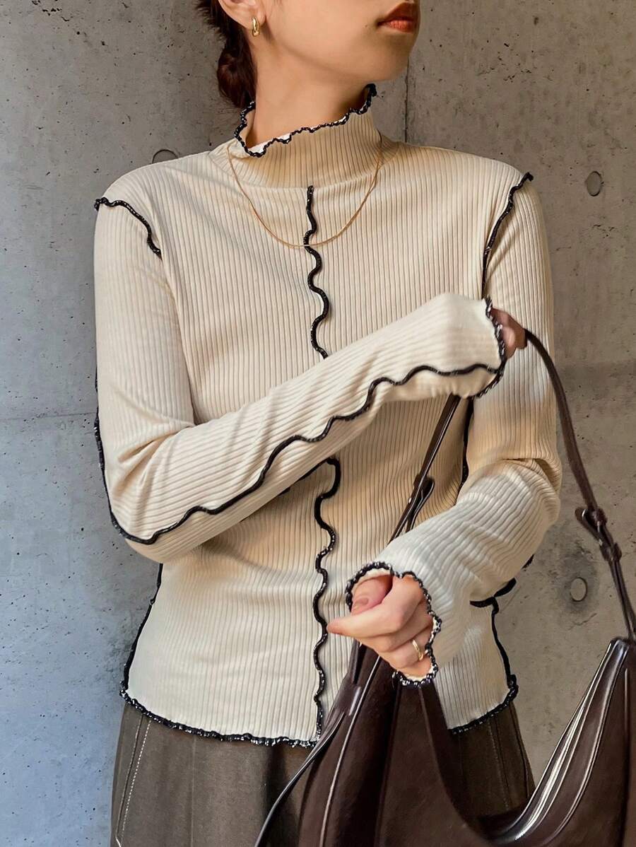 FRIFUL 女士休闲撞色滚边立领T恤，秋冬夏季长袖保暖内衬上衣