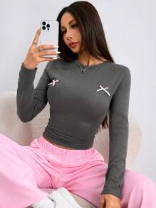 Chiquease 女式休闲蝴蝶结装饰长袖T恤，秋季图案T恤，春季女式上衣