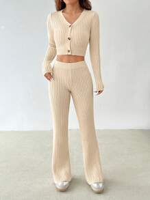 SHEIN PETITE Khaki Ribbed Knit Cardigan & Knit Pants - Apricot - View 7