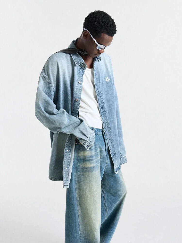 Men Casual Woven Long Sleeve Denim Shirt, Autumn
