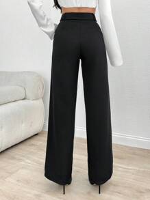 RueChic Women Solid Color High Waist Straight Pants With Belt Detail - Black - View 2