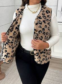 Calvaya Plus Size Casual Leopard Print Front Button Sleeveless Jacket For Autumn