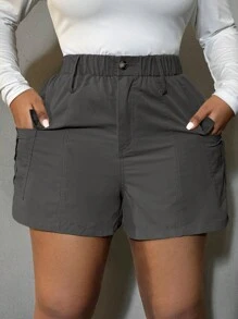 SHEIN SXY Quần short thường ngày cạp chun co giãn cỡ lớn cho nữ mùa xuân có túi hộp - Xám - Xem 5