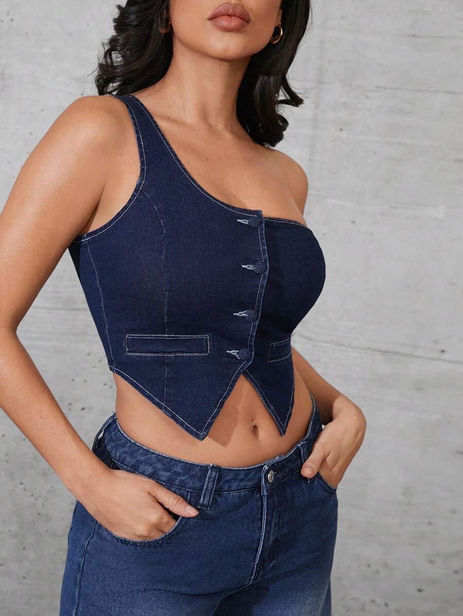 Denimoi Top corto de denim con un hombro para mujer, perfecto para el otoño - Azul lavado oscuro - Ver 1