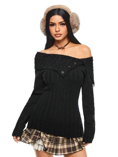 Y2K Stil mädchenhafter undurchsichtiger Off-Shoulder gerippter Kragen figurbetonte verdrehte Strickpullover