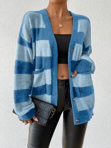 Chiquease Áo len cardigan dệt kim kẻ sọc giả lông chồn cashmere mới cho nữ, mùa thu/đông - Màu xanh lam - Xem 6