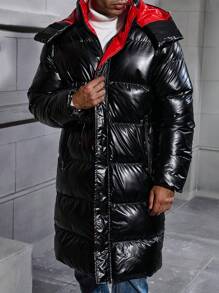 Manfinity Hypemode Men's Contrast Color Patchwork Front Zipper Long Sleeve Casual Hooded Padded Coat, Going Out Casual Quilted Winter Coat, For Friends, Husband, Boyfriend Gifts