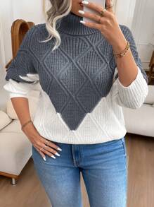 Elenzga Plus Size Color Block Patchwork Turtleneck Sweater, Casual Design For Autumn And Winter Knit Pullover Fall - Dark Grey - View 3