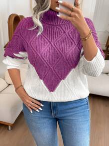Calvaya Plus Size Turtleneck Colorblock Sweater, Fashion Casual Pullover For Everyday Wear, For Winter Knit Pullover Fall - Purple - View 4