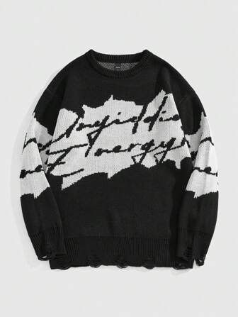 Prep Men's Letter Pattern Round Neck Long Sleeve Casual Pullover Sweater, Autumn/Winter