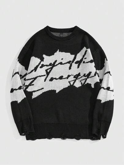 Prep Men's Letter Pattern Round Neck Long Sleeve Casual Pullover Sweater, Autumn/Winter