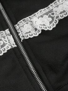 SHEIN MOD Bluza z kołnierzykiem, długim rękawem, zamkiem błyskawicznym, falbanką i krótkim rękawem - Czarne - Zobacz 3