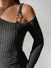 Celure 1 pieza Vestido ajustado de manga larga con hombros abiertos asimétricos y cintura con cordón para mujer de talla grande