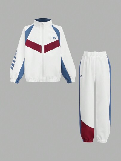 SHEIN 2pcs Sports Set For Young Boys, Color Block Fashion Activewear Suit For School, Street, Outdoor, Running, Gym, Basketball, Soccer, With Windproof Stand Collar Jacket And Long Pants