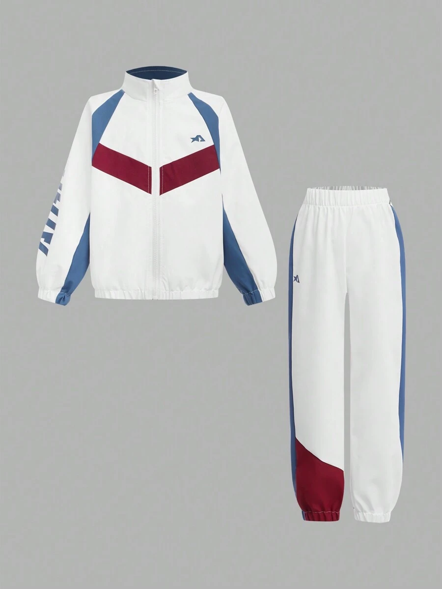 SHEIN 2pcs Sports Set For Young Boys,White,Autumn Color Block Fashion Activewear Suit,Street,Gym - Multicolor - View 1