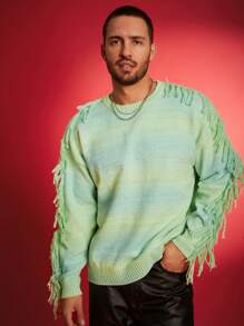 Manfinity Homme Men Gradient Color Colorful Splice Fringe Crew Neck Long Sleeve Casual Fashion Cable Knit Sweater, For Autumn/Winter, Party, Friends - Multicolor - View 1