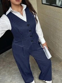 Easura 大码女式 2 件套单排扣条纹背心和裤子休闲西装套装，适合工作和日常穿着 - 藍白色 - 查看 3