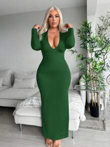 SHEIN SXY Đầm dạ hội bodycon hở lưng tay dài cỡ lớn Hoco Dresses - Màu xanh lá cây đậm - Xem 4