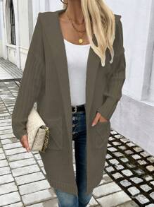 SHEIN LUNE 1 chiếc áo cardigan dài tay màu trơn cho nữ có túi thường ngày - Màu xanh Ô liu - Xem 3