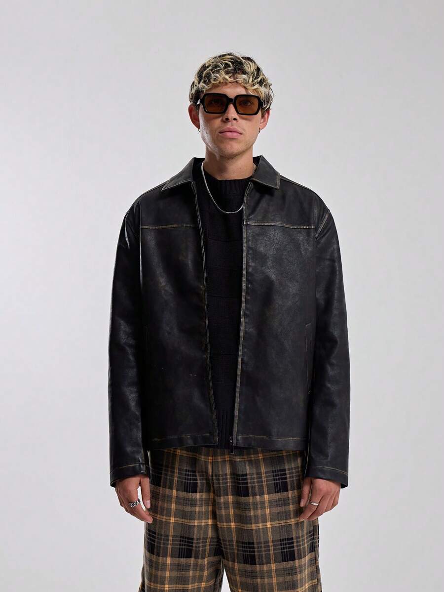 Musero Men Distressed Zip Up Faux Leather Jacket - Black - View 1