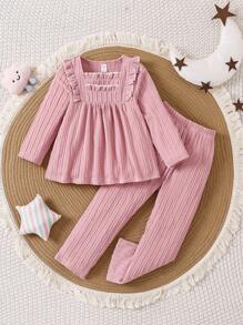 2pcs Young Girl Lotus Root Pink Thick Cable Knit Ruffle Decor Leisure Comfortable Fashion Essential Long Pants And Long Sleeve Pajama Set, Autumn/Winter