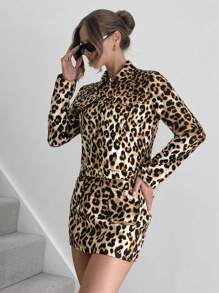 SHEIN X Belinda SHEIN Essnce Chaqueta con estampado de leopardo elegante para mujer, otoño