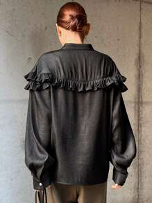 FRIFUL Women's Elegant Long Sleeve Ruffle Trim Contrast Splice Shirt, For Autumn - Black - View 4