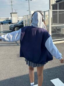 SHEIN Teen Girl Casual Color Block Sweatshirt Jacket, Navy Blue, Grey, Printed Text, Sporty, Vintage, Boho, Varsity, Workout Style, In Fall/Winter - Multicolor - View 2