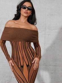Denimoi Striped Print Off Shoulder Long Sleeves Bodycon Sweater Dress Printed Sweater Dress Long Sleeve Curvy Sexy Going Out Date Night Girls Night Out Christmas Dress Winter Dress Ski Outfit Winter Outfit Cold Weather Cozy - Black - View 5