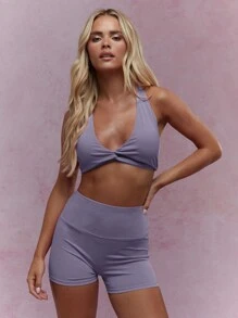 MISSGUIDED Twist Detail Plunge Neck Sports Bra And Shorts Two Piece Active Wear Set - Mauve Purple - View 1