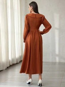 Modelyn 刺绣双排扣彼得潘领优雅长袖连衣裙超长女士装长款晚礼服 - 珊瑚橙 - 查看 4