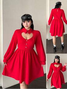 SHEIN Clasi 大码女式纯色长袖心形镂空收腰连衣裙，秋季