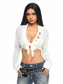 ROMWE Y2K Style Lace Up Cropped Sheer Long Sleeve Overlay Top - White - View 6