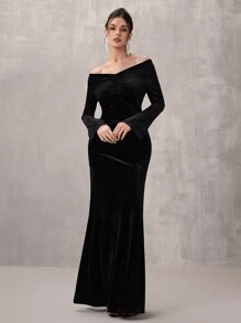 Coutiva 1pc Women's Formal Evening Gown Dress, Fashion Autumn And Winter Banquet Party New Year's Eve Festival Princess Socialite Elegant Internet Celebrity Popular Dress Daily Wear Elastic Sequin Fabric Dress, Formal Dinner Dance Dress, Christmas New Year's Eve, Wedding Guest Dress - Black - View 5