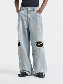 Manfinity VCAY Casual Men Distressed Wide Leg Loose Denim Jeans - Blue - View 3