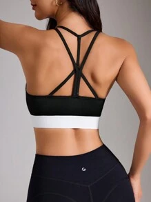 SHEIN Sports 女士撞色弹力后背交叉运动文胸 - 彩色 - 查看 6