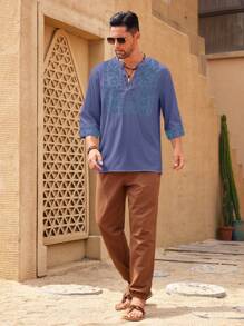 Manfinity Homme 男士中长款正面纽扣印花休闲衬衫，日常穿着