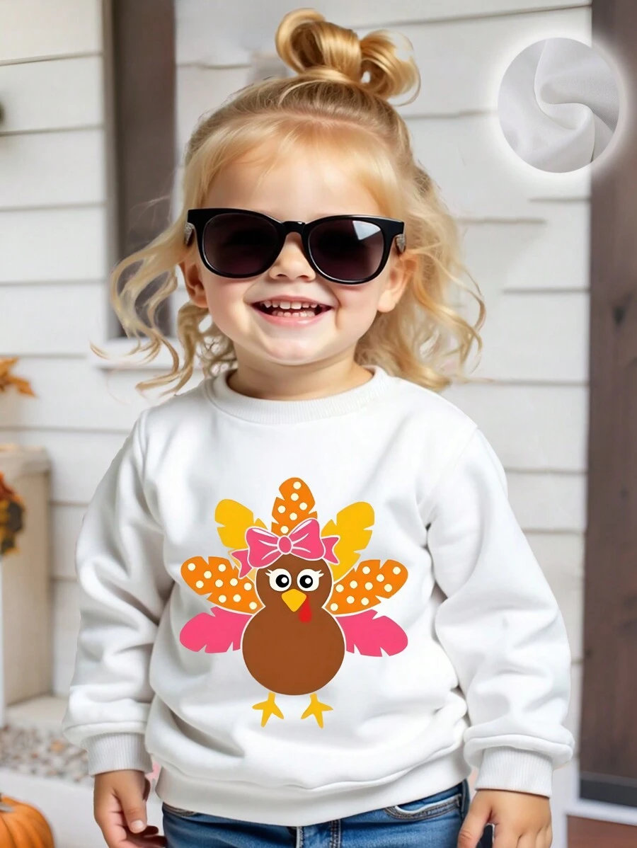 Baby Girl Funny Turkey Print Casual Fleece Crew Neck Long Sleeve Sweatshirt, Autumn/Winter , Thanksgiving Outfit - White - View 1